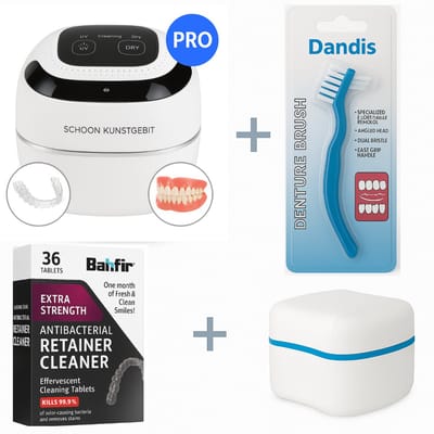 4-in-1 Professionele Kunstgebit & Prothese Schoonmaakset – Ultrasone Reiniger, Reinigingstabletten, Borstel & Gebitsbakje – Complete Nazorg Thuis