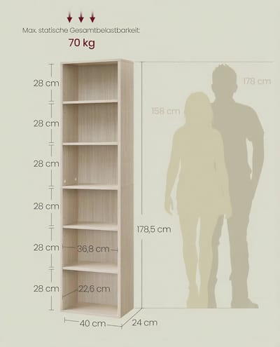 Boekenkast 6 Vakken House&Garden – Staand Open Opbergrek – Minimalistisch Houten Rek voor Woonkamer, Eetkamer en Thuiskantoor – Verstelbare Planken, Kantelbeveiliging – Natuurlijk Beige