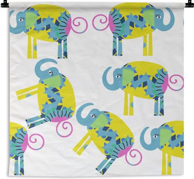Wandkleed - Wanddoek - Olifant - Geel - Ornament - Patronen - 90x90 cm - Wandtapijt