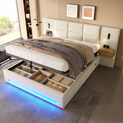 MODENUIT Gestoffeerd bed 180x200 cm – Hoofdbord met lades – USB-C en led – Hydraulische opbergruimte – Zonder matras – Beige