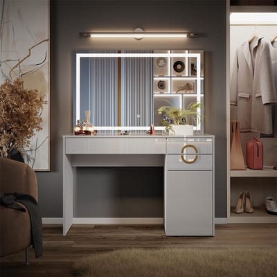 Landelijke Kaptafel Wit Hoogglans 115 cm met LED Spiegel en Opbergruimte