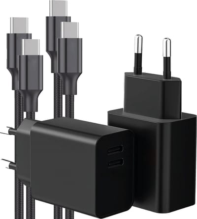 USB C Adapter - Snellader Geschikt voor Samsung Telefoon en Tablet - USB C naar USB C Kabel - Nylon Gevlochten - 1 Meter - Oplaadkabel - GaN Oplader - USB C + USB C - 35W Vermogen - Incl. USB C Kabel - 2 Kabel PACK - Stekkerblok - Zwart