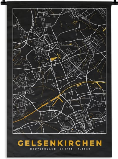 Wandkleed - Wanddoek - Gelsenkirchen - Plattegrond - Kaart - Duitsland - Goud - Stadskaart - 120x180 cm - Wandtapijt