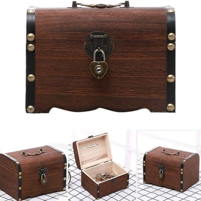 VHV - Spaarpot - Houten spaarpot - Spaarvarken kinderen - Schatkist spaarpot - Spaarpot met slot - Decoratieve spaarpot - Sparen zichtbaar maken - Decoratief neerzetten - Voor kinderkamer - Voor geld sparen - Voor woonkamer