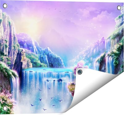 Gards Tuinposter Kleurrijke Sprookjes Waterval - Abstract - 50x40 cm - Tuindoek - Tuindecoratie - Wanddecoratie buiten - Tuinschilderij
