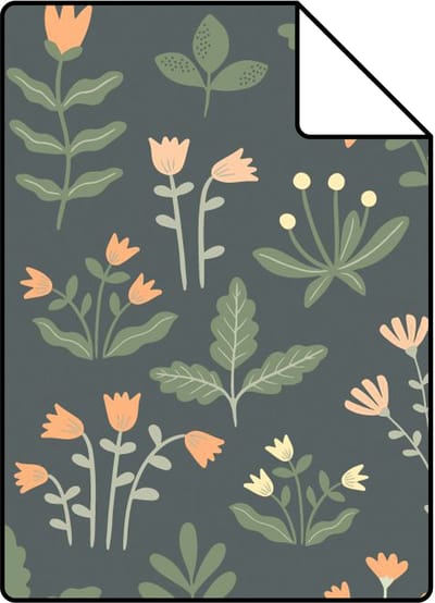 Proefstaal ESTAhome behang veldbloemen vergrijsd groen en oranje - 26.5 x 21 cm - 131098-S