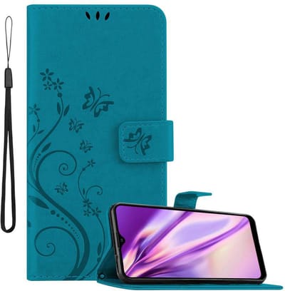 Cadorabo Hoesje geschikt voor Samsung Galaxy A20s in BLOEMEN BLAUW - Beschermhoes in bloemmotief met magnetische sluiting, standfunctie en kaartsleuven Book Case Cover Etui