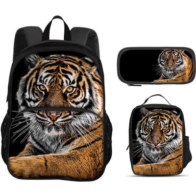 Tijger ronde voorzak, rugzak, etui, koelelement, 3-delige set, dierenprint, beste cadeau voor schoolverjaardagen van jongens en meisjes