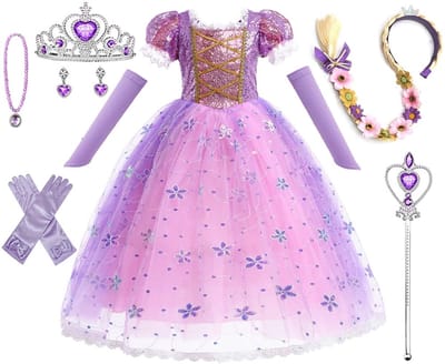 8-delige set prinsessenjurk voor meisjes, carnavalskostuum voor meisjes, ijskoningin, met toverstaf voor kinderen, kroon meisjes, 7 accessoires, voor Kerstmis, verkleedpartij, carnaval, Halloween,