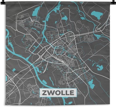 Wandkleed - Wanddoek - Plattegrond - Zwolle - Grijs - Blauw - 180x180 cm - Wandtapijt - Stadskaart