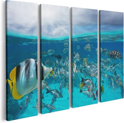 Artaza Canvas Schilderij Vierluik Zwerm Gele Vissen in het Water - 80x60 - Foto Op Canvas - Canvas Print
