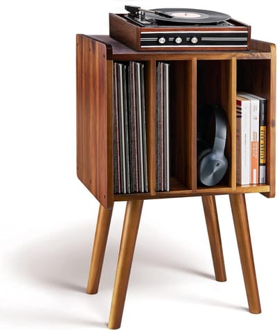 Thuys – Platenspeler Meubel – Stand Met Vinyl Opbergvakken – Rustieke Platenopbergkasthouder – Voor 100 albums – Draaitafelstandaard – Bruine Bijzettafel