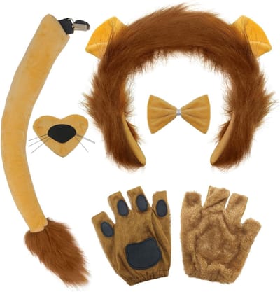 5-delige Leeuw Kostuum Accessoire Set met Oren, Staart, Neus, Strik en Handschoenen voor Kinderen en Volwassenen, Perfect voor Themafeesten en Kerstcadeaus