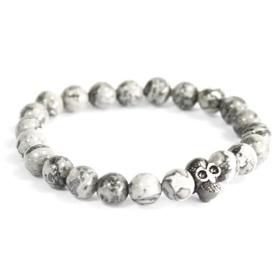 Tinnen schedel / grijze agaat - edelsteen armband