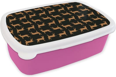 Broodtrommel Roze - Lunchbox - Brooddoos - Patroon - Hert - Zwart - Bruin - 18x12x6 cm - Kinderen - Meisje