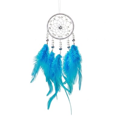 Zilverkleurig blauw dromenvanger wand decoratie hanger rond met veren kralen en web patroon voor dames en heren muur ophanging bohemian stijl handgemaakt ornament slaapkamer woonkamer