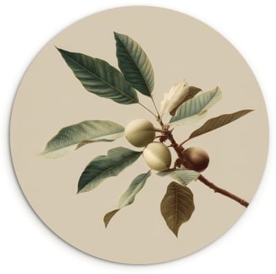 WallCircle® Wandcirkel 120x120 cm - Muurcirkel Tak - Groene Bladeren - Vruchten - Muurdecoratie woonkamer - Wanddecoratie slaapkamer - Kamer decoratie accessoires - Ronde schilderijen XXL