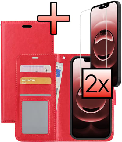 Hoesje - Met 2x Screenprotector - Geschikt voor Apple iPhone 16e / 17e - Luxe Pasjeshouder - Bookcase Portemonee - Flip Case - Kunstleer Book Case - Flipcase Hoes - Book Cover - Walletcase - Portemonneehoes - Rood