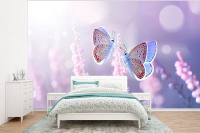 Behang - Fotobehang Vlinder - Lavendel - Bloemen - Paars - Breedte 375 cm x hoogte 280 cm