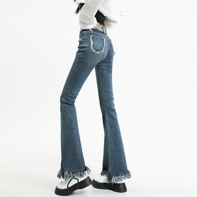 Retro Blauwe Micro-uitlopende Jeans Dames Vroege Lente Nieuw Hoge Taille en Dunne Franje Broek, Uitlopende Broek L gray