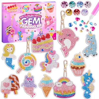 SnelShoppen - 12-delige Diamond Painting Sleutelhanger Set voor Kinderen, 5D Diamond Painting Kit met Unicorns, Zeepaarden, Taarten en meer, Creatieve
