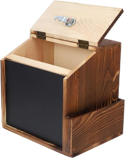 Suggestiedoos met slot - Donatiebox brievenbus - Veilig verzamelen - Met schoolbord - 21 cm breed - Donkerbruin