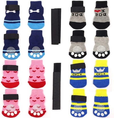 4 Paar Antislip Hondensokken en KattenSokken met Rubber Versterking en 8 Kleine Straps, Binnengebruik Dierenpoot Bescherming voor Houten Vloeren, Geschikt voor Kleine Honden en Katten