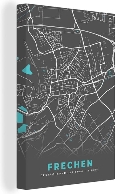 Canvas Schilderij Stadskaart – Frechen – Duitsland – Plattegrond – Kaart - 20x30 cm - Wanddecoratie