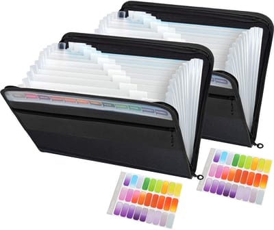 Set van 2 A4 Documenten Mappen met 13 Compartimenten – Plastic Harmonica Mappen met Ritssluiting en Voorvak – Ideaal voor Kantoor, School en Thuisgebruik – Zwart x2