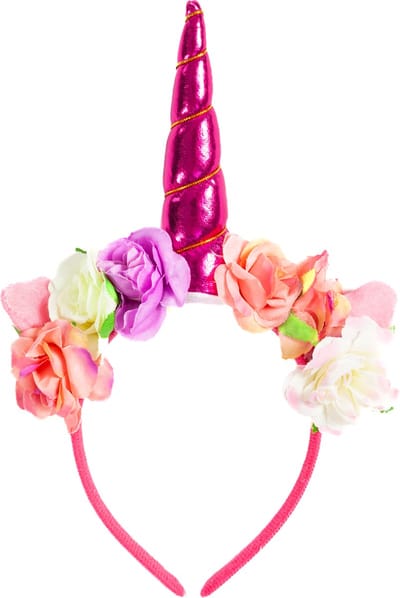 KIMU® Eenhoorn Haarband Bloemetjes Roze Band Donkerroze - Unicorn Diadeem Met Oortjes en Bloemen - Donkerroze Hoorn Paarse Roze Bloemen Festival