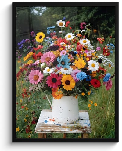 Poster in lijst - Fotolijst 50x70 cm - Posters - Bloemen - Krukje - Gieter - Veld - Posterlijst zwart - Decoratie - Wanddecoratie woonkamer - Muurdecoratie slaapkamer