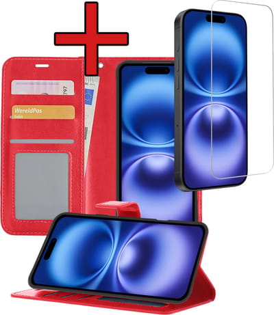 Hoesje - Met Screenprotector - Geschikt voor Apple iPhone 16 - Luxe Pasjeshouder - Flipcase - Bookcase Portemonee - Flip Case - Kunstleer Book Case - Book Cover - Walletcase - Portemonneehoes - Telefoonhoes - Rood