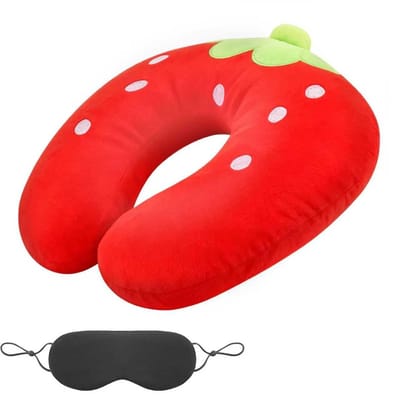 Dailygoods- Nekkussen Kind - Aardbeivorm - Slaapmasker - Zacht en Comfortabel - 27 x 27 cm - Katoen - Voor Auto/Vliegtuig - Reiskussen