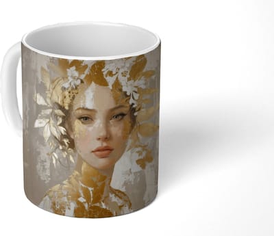 Mok - Koffiemok - Gezicht - Vrouw - Bladeren - Goud - Mokken - 350 ML - Beker - Koffiemokken - Theemok