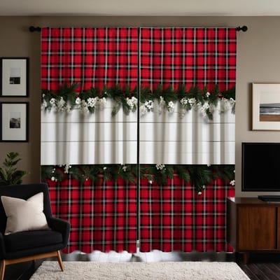 2 pièces HD Noël Carreaux noirs rouges Rideau décoratif en rotin vert Lien rouge Rideau imprimé numérique Décoration de maison style décor W52H63inchW132H160cm white
