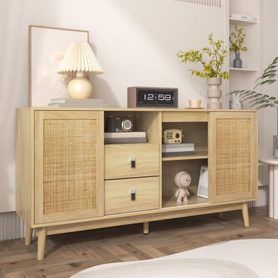 DESMIU Dressoir - Met Schuifdeuren Van Echt Rotan En 2 Lades - Veel Opbergruimte Voor Woonkamer En Hal - MDF En Spaanplaat - 155x38x80 Cm - Houtkleur