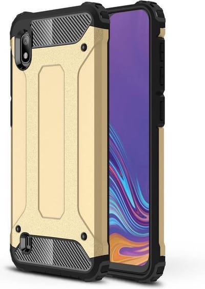 Schokbestendig Heavy Duty Hoesje Geschikt voor: Samsung Galaxy A01 Shock Proof Hybride - Back Cover - Dual Layer Armor Case - Extra Stevig - Goud