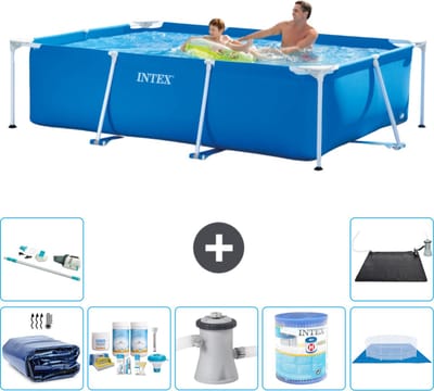 Intex Rechthoekig Frame Zwembad - 260 x 160 x 65 cm - Blauw - Inclusief Solarzeil - Onderhoudspakket - Zwembadfilterpomp - Filter - Grondzeil - Stofzuiger - Solar Mat - 8-delig