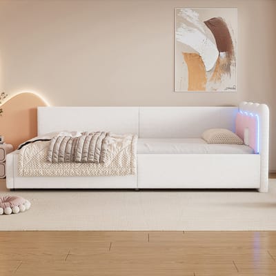 Pugsdrly Dagbed, slaapbank, 90*200 cm, sfeerverlichting met afstandsbediening, bed met lattenbodem (zonder matras), imitatiepool, wit