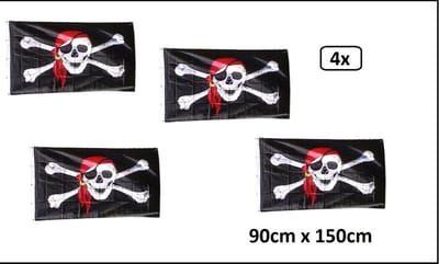 4x Piratenvlag met rode bandana - 90cm x 150 cm - Piraat vlag piraten kleur thema feest festival