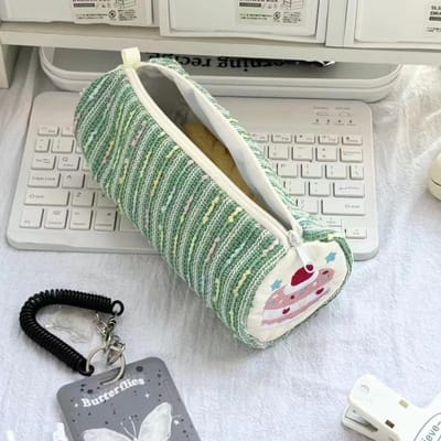 Mignon Sac à crayons brodé Pomme Catoon Trousse Kawaii Sac de rangement Sac à cosmétiques Papeterie coréenne Fournitures scolaires Cadeau pour enfants vert