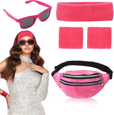 90s Kostuum voor Dames met Accessoires zoals Buiktas, Hoofdband, Legwarmers en Sieraden voor Carnaval en Neon Feestjes