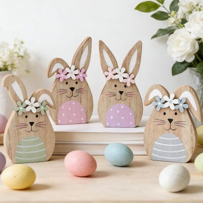 Set van 4 houten Paasdecoraties voor raam en tafel met konijnenfiguren en kleurrijke bloemen voor een vrolijke lentestemming
