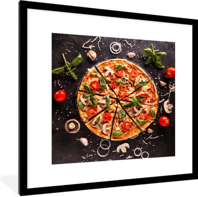 Fotolijst incl. Poster - Pizza - Groente - Kruiden - Keuken - Industrieel - 40x40 cm - Posterlijst
