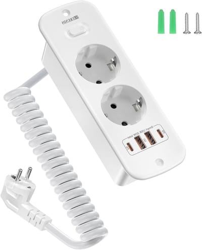 Inbouwstopcontact met 4 USB-poorten, 2-weg tafelstopcontact met schakelaar, 2 m veerkabel, uitschuifbaar stopcontact voor keukenblad, wit, ideaal voor opladen van apparaten en multifunctioneel gebruik