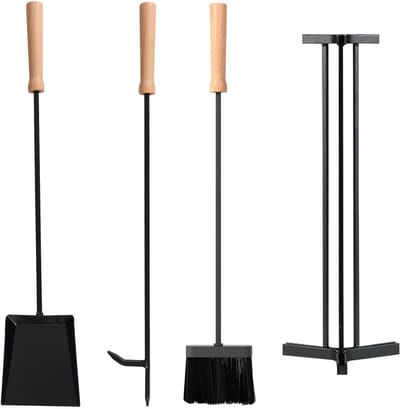 COSTWAY Haardbestek, 4-delige haardgarnituur met pookhaak, schep, bezem en standaard, ovenbestek met houten handgrepen, haardaccessoires, haardgereedschap, modern, zwart