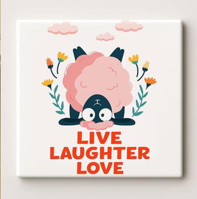 Live Laughter Love Grappige Schaap Tegel – 15x15cm Keramische Wanddecoratie – Schattig Dierontwerp voor Huis, Keuken of Kinderkamer Decoratie