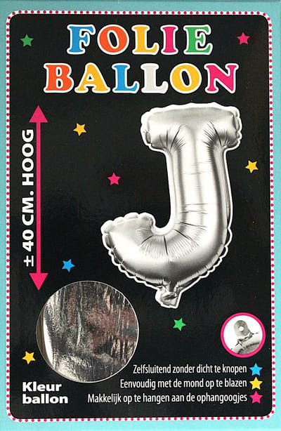 Folieballon - J - Letter Zilver - 40cm - Folie - Ballon - Zelfsluitend - Eenvoudig Met Mond Opblazen - Ophangoogjes - Touche Cards
