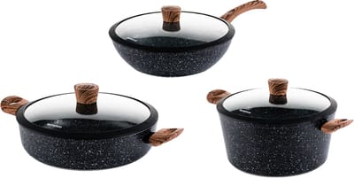 Westinghouse 3-delige Pannenset – Wokpan Ø 30 cm + Hapjespan Ø 28 cm + Braadpan Ø 28 cm – Inductie – PFOA-vrij – Black Marble Wood