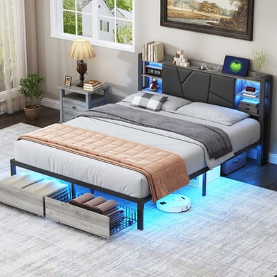 Gestoffeerd bed met ledverlichting, USB-aansluiting en 2 lades, 140x200 cm, voor appartement of gezin, ijzeren frame, met PU bekleed hoofdeinde, grijs